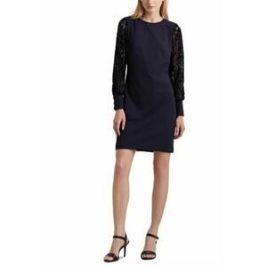 Ralph Lauren Lace and Velvet Long Sleeve Sheath Cocktail Dress Navy Blue Size 6